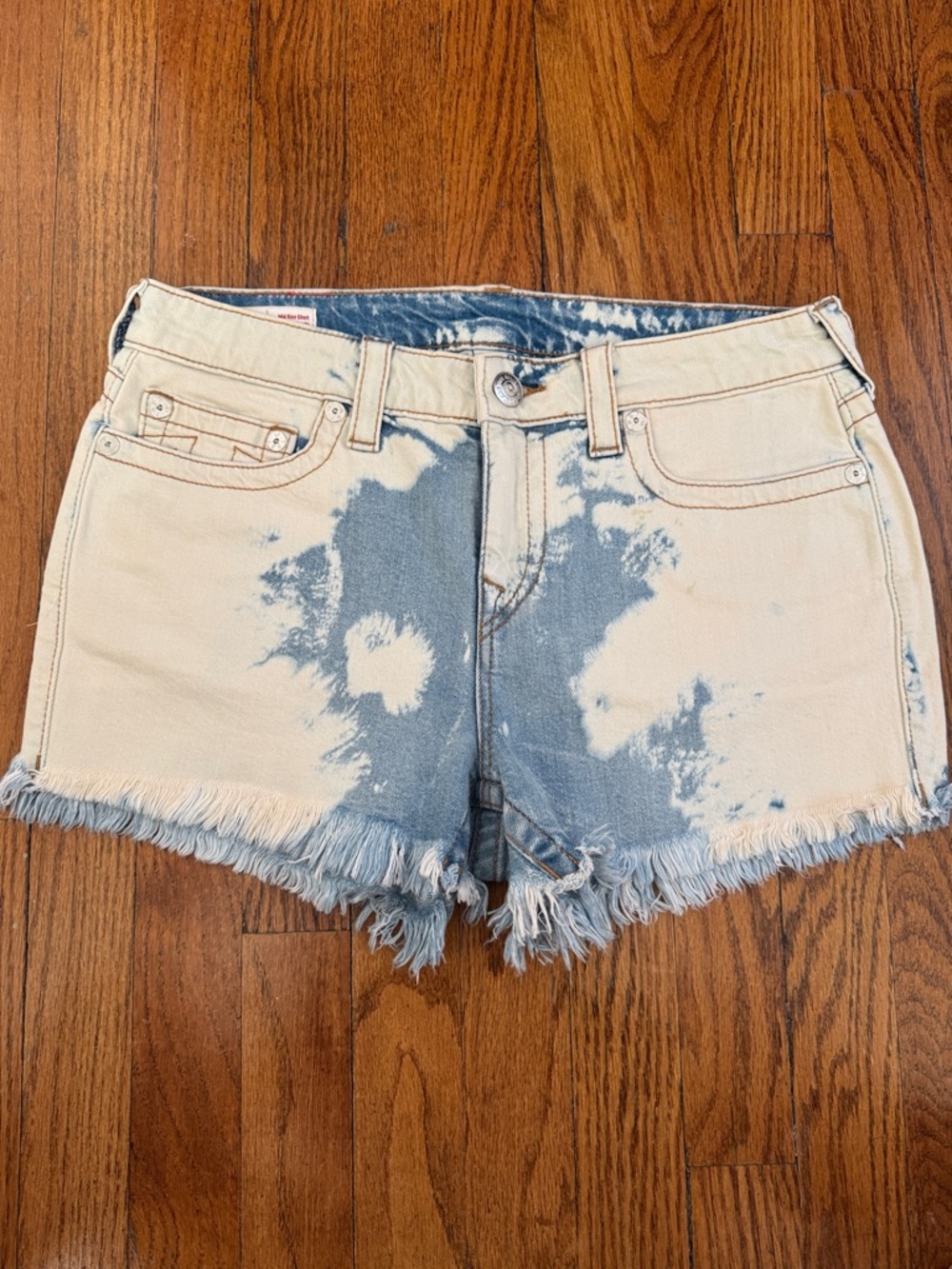 True Religion 
Two-Tone Bleached Denim Cutoff Shorts - Blue/Cream